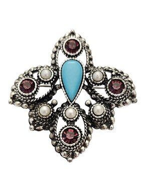 Sarah Coventry Imperial Rhinestone Faux Pearl Fleur De Lis Brooch Pendant, L961